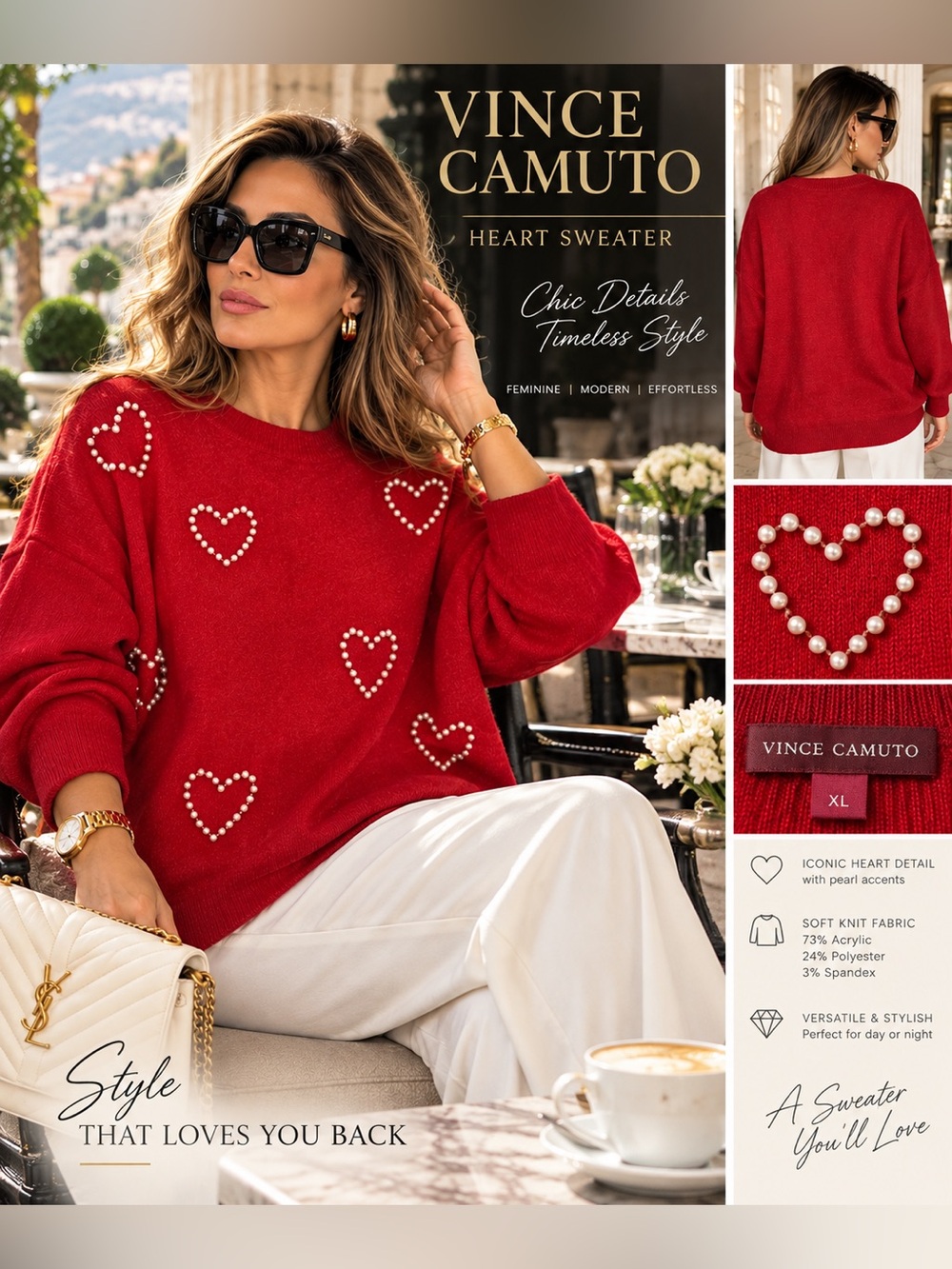 Vince Camuto Red Pearl Heart Crewneck Sweater